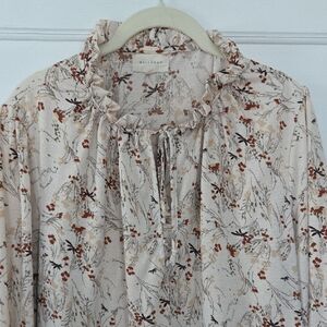 Melloday Boho Chic Floral Ruffle Blouse - Cream and Brown